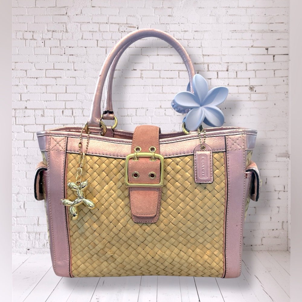 COACH Women's Natural Straw Weave & Pink Handbag Purse. Style: 4419